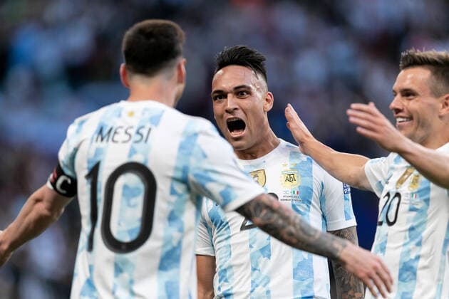 Mandatory Credit: Photo by Juan Gasparini JMP Shutterstock (12968277v) Lautaro martinez of Argentina celebrates after scoring a goal Italy v Argentina, UK - 01 Jun 2022 EDITORIAL USE ONLY No use with unauthorised audio, video, data, fixture lists (outside the EU), club league logos or live services. Online in-match use limited to 45 images (+15 in extra time). No use to emulate moving images. No use in betting, games or single club league player publications services. Italy v Argentina, UK - 01 Jun 2022 EDITORIAL USE ONLY No use with unauthorised audio, video, data, fixture lists (outside the EU), club league logos or live services. Online in-match use limited to 45 images (+15 in extra time). No use to emulate moving images. No use in betting, games or Copyright: xJuanxGasparini JMP Shutterstockx 12968277v
