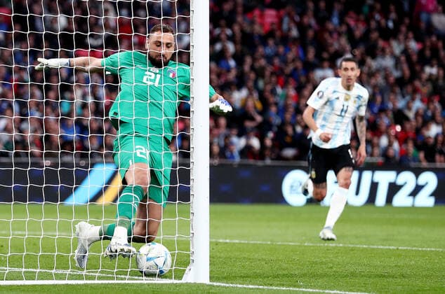 Mandatory Credit: Photo by James Marsh Shutterstock (12964971al) Gianluigi Donnarumma of Italy prevents a pass back from crossing the line. Argentina v Italy, UEFA Finalissima 2022, Football, Wembley Stadium, London, UK - 01 Jun 2022 Argentina v Italy, UEFA Finalissima 2022, Football, Wembley Stadium, London, UK - 01 Jun 2022 Copyright: xJamesxMarsh Shutterstockx 12964971al