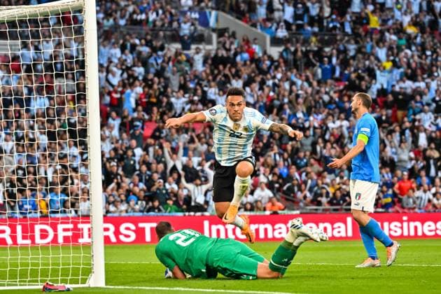 London, England, June 1st 2022: Lautaro Martinez (22 Argentina) celebrates scoring his goal and Goalkeeper Gianluigi Donnarumma (21 Italy) and Giorgio Chiellini (3 Italy) look dejected during the UEFA CONMEBOL Finalissima 2022 football match between Italy and Argentina at Wembley Stadium in London, England. Cristiano Mazzi SPP Italy v Argentina - UEFA CONMEBOL Finalissima 2022 - Wembley Stadium 