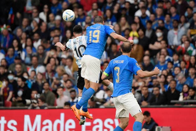 Leonardo Bonucci of Italy fouls on Lionel Messi of Argentina during the Finalissima trophy 2022 football match between Italy and Argentina at Wembley stadium in London, England, June 1st, 2022. Photo Andrea Staccioli Insidefoto AndreaxStaccioli