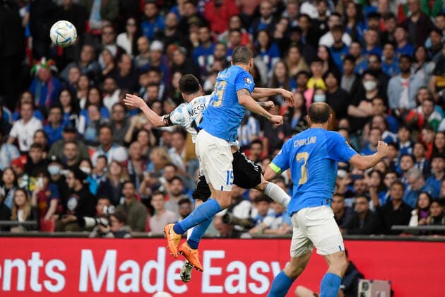 Leonardo Bonucci of Italy fouls on Lionel Messi of Argentina during the Finalissima trophy 2022 football match between Italy and Argentina at Wembley stadium in London, England, June 1st, 2022. Photo Andrea Staccioli Insidefoto AndreaxStaccioli