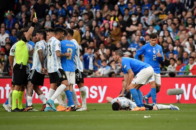 Leonardo Bonucci of Italy caution for the foul on Lionel Messi of Argentina during the Finalissima trophy 2022 football match between Italy and Argentina at Wembley stadium in London, England, June 1st, 2022. Photo Andrea Staccioli Insidefoto AndreaxStaccioli