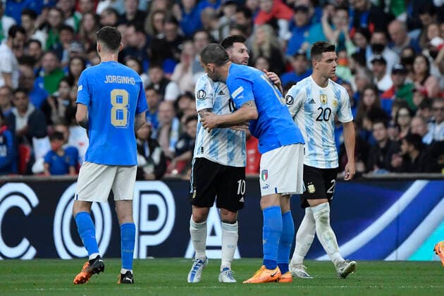 Leonardo Bonucci of Italy apologises after the foul on Lionel Messi of Argentina during the Finalissima trophy 2022 football match between Italy and Argentina at Wembley stadium in London, England, June 1st, 2022. Photo Andrea Staccioli Insidefoto AndreaxStaccioli