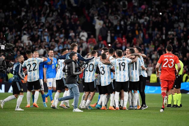 Paulo Dybala of Argentina celebrates after scoring the goal of 0-3 during the Finalissima trophy 2022 football match between Italy and Argentina at Wembley stadium in London, England, June 1st, 2022. Photo Andrea Staccioli Insidefoto AndreaxStaccioli