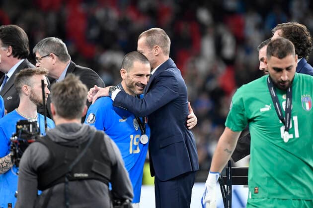 Leonardo Bonucci of Italy and Aleksander Ceferin, the president of UEFA at the end of the Finalissima trophy 2022 football match between Italy and Argentina at Wembley stadium in London, England, June 1st, 2022. Photo Andrea Staccioli Insidefoto AndreaxStaccioli