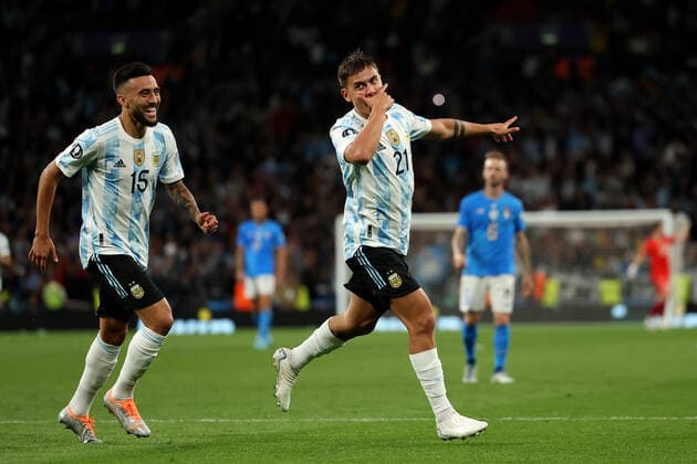 1st June 2022; Wembley Stadium, London, England : CONBEMOL-UEFA CHAMPIONS CUP - FINALISSIMA, Italy versus Argentina: Paulo Dybala of Argentina celebrates after he scores for 0-3 in the 90th minute  ActionPlus12395719 ShaunxBrooks