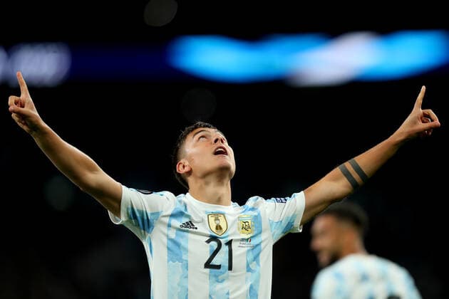 1st June 2022; Wembley Stadium, London, England : CONBEMOL-UEFA CHAMPIONS CUP - FINALISSIMA, Italy versus Argentina: Paulo Dybala of Argentina celebrates after he scores for 0-3 in the 90th minute  ActionPlus12395721 ShaunxBrooks