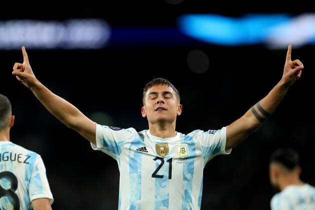 1st June 2022; Wembley Stadium, London, England : CONBEMOL-UEFA CHAMPIONS CUP - FINALISSIMA, Italy versus Argentina: Paulo Dybala of Argentina celebrates after he scores for 0-3 in the 90th minute  ActionPlus12395722 ShaunxBrooks