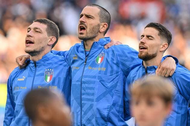 London, England, June 1st 2022: Andrea Belotti (9 Italy), Leonardo Bonucci (19 Italy) and Jorginho (8 Italy) during the UEFA CONMEBOL Finalissima 2022 between Italy and Argentina at Wembley Stadium in London, England. Cristiano Mazzi SPP Italy v Argentina - UEFA CONMEBOL Finalissima 2022 - Wembley Stadium 