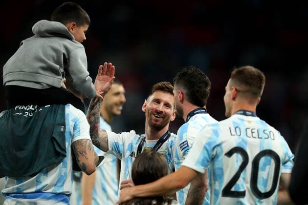 1st June 2022; Wembley Stadium, London, England : CONBEMOL-UEFA CHAMPIONS CUP - FINALISSIMA, Italy versus Argentina: Lionel Messi of Argentina gives a child a high five  ActionPlus12395915 ShaunxBrooks