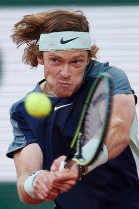 (220602) -- PARIS, June 2, 2022 -- Andrey Rublev returns a shot during the men s singles quarterfinal between Marin Cilic of Croatia and Andrey Rublev of Russia at the French Open tennis tournament at Roland Garros in Paris, France, June 1, 2022. ) (SP)FRANCE-PARIS-TENNIS-ROLAND GARROS-FRENCH OPEN-MEN S SINGLES QUARTERFINAL MengxDingbo 