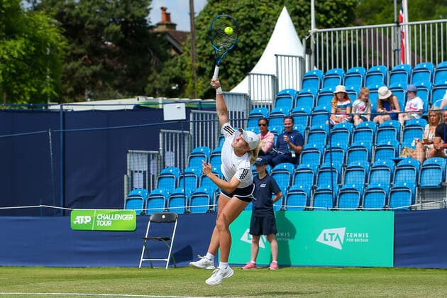 2nd June 2022; Surbiton Racket &amp; Fitness Club, Surbiton, London, England: Surbiton Trophy Tennis tournament: Sonay Kartal (GBR) serves to Madison Brengle (USA)  ActionPlus12395920 KatiexChan