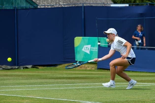 2nd June 2022; Surbiton Racket &amp; Fitness Club, Surbiton, London, England: Surbiton Trophy Tennis tournament: Sonay Kartal (GBR) plays a forehand back to Madison Brengle (USA).  ActionPlus12395922 KatiexChan
