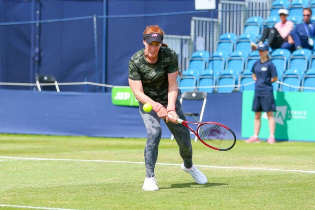 2nd June 2022; Surbiton Racket &amp; Fitness Club, Surbiton, London, England: Surbiton Trophy Tennis tournament: Madison Brengle (USA) plays a backhand back to Sonay Kartal (GBR)  ActionPlus12395928 KatiexChan