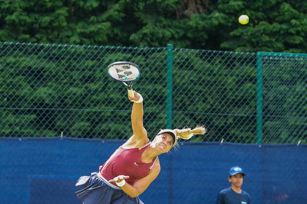 2nd June 2022; Surbiton Racket &amp; Fitness Club, Surbiton, London, England: Surbiton Trophy Tennis tournament: Sabine Lisicki (GER) serves to Kateryna Baindl (UKR)  ActionPlus12395961 KatiexChan
