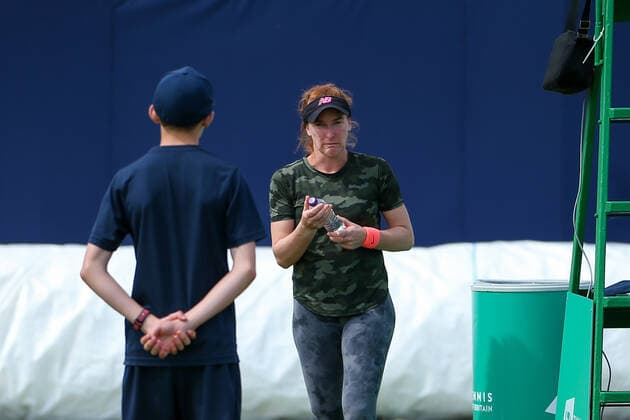 2nd June 2022; Surbiton Racket &amp; Fitness Club, Surbiton, London, England: Surbiton Trophy Tennis tournament: Madison Brengle (USA) is not impressed with something about the bottle of water before her match against Sonay Kartal (GBR).  ActionPlus12395917 KatiexChan