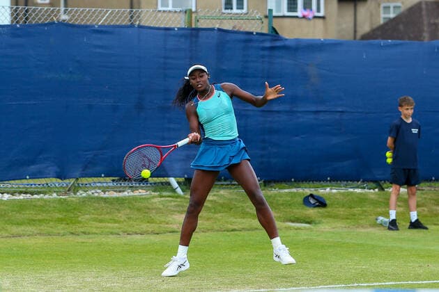 2nd June 2022; Surbiton Racket &amp; Fitness Club, Surbiton, London, England: Surbiton Trophy Tennis tournament: Alycia Parks (USA) plays a forehand to Alison Van Uytvanck (BEL)  ActionPlus12395993 KatiexChan