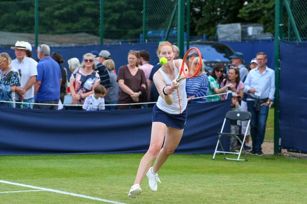 2nd June 2022; Surbiton Racket &amp; Fitness Club, Surbiton, London, England: Surbiton Trophy Tennis tournament: Alison Van Uytvanck (BEL) plays a backhand to Alycia Parks (USA)  ActionPlus12395994 KatiexChan