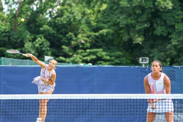 2nd June 2022; Surbiton Racket &amp; Fitness Club, Surbiton, London, England: Surbiton Trophy Tennis tournament: Naiktha Bains (GBR) and Freya Christie (GBR) serves to Danielle Daley (GBR) and Eliz Maloney (GBR)  ActionPlus12396019 KatiexChan