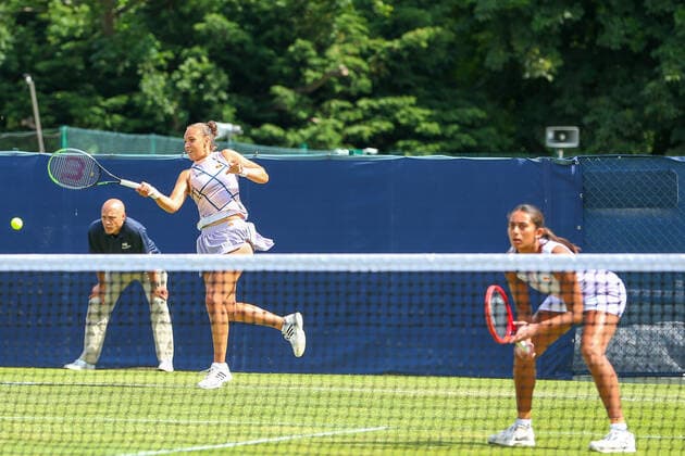 2nd June 2022; Surbiton Racket &amp; Fitness Club, Surbiton, London, England: Surbiton Trophy Tennis tournament: Naiktha Bains (GBR) and Freya Christie (GBR) plays a forehand to Danielle Daley (GBR) and Eliz Maloney (GBR)  ActionPlus12396020 KatiexChan