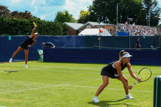 2nd June 2022; Surbiton Racket &amp; Fitness Club, Surbiton, London, England: Surbiton Trophy Tennis tournament: Ingrid Gamarra Martins (BRA) and Emily Webley-Smith (GBR) serves to Ingrid Neel (USA) and Rosalie Van der Hoek (NED)  ActionPlus12396022 KatiexChan