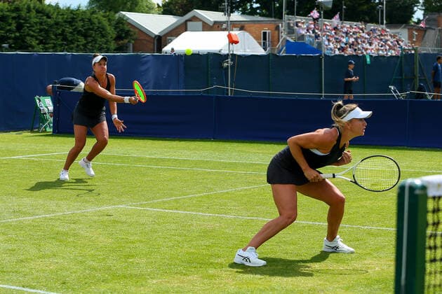 2nd June 2022; Surbiton Racket &amp; Fitness Club, Surbiton, London, England: Surbiton Trophy Tennis tournament: Ingrid Gamarra Martins (BRA) and Emily Webley-Smith (GBR) plays a forehand to Ingrid Neel (USA) and Rosalie Van der Hoek (NED)  ActionPlus12396023 KatiexChan