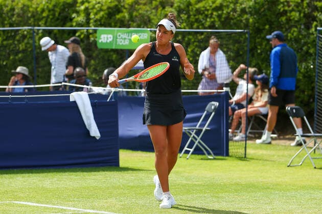 2nd June 2022; Surbiton Racket &amp; Fitness Club, Surbiton, London, England: Surbiton Trophy Tennis tournament: Ingrid Gamarra Martins (BRA) Emily Webley-Smith (GBR) plays a backhand to Ingrid Neel (USA) and Rosalie Van der Hoek (NED)  ActionPlus12396028 KatiexChan