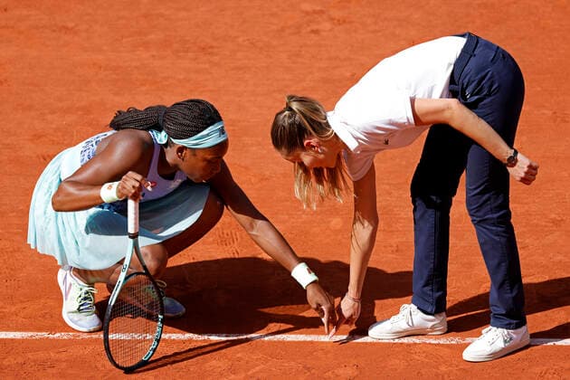2nd June 2022; Roland Garros, Paris, France: French Open Tennis tournament: Coco Gauff (USA) disputes the call on a shot from Martina Trevisan (ITA)  ActionPlus12396064 JonxBromley
