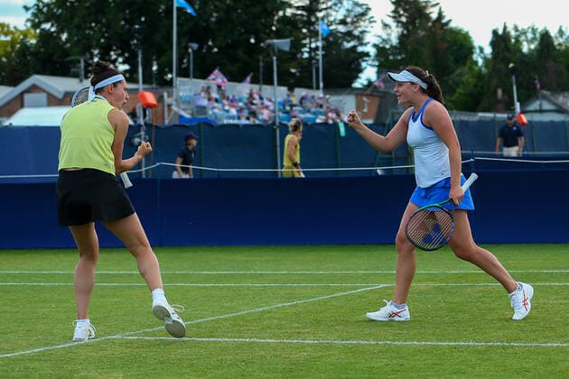 2nd June 2022; Surbiton Racket &amp; Fitness Club, Surbiton, London, England: Surbiton Trophy Tennis tournament: Ingrid Neel (USA) and Rosalie Van der Hoek (NED) celebrates after winning a point against Ingrid Gamarra Martins (BRA) and Emily Webley-Smith (GBR) during the tie-break for the match.  ActionPlus12396091 KatiexChan