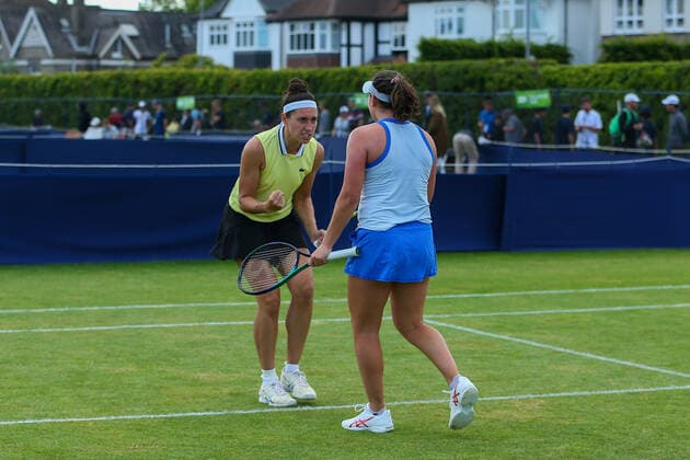 2nd June 2022; Surbiton Racket &amp; Fitness Club, Surbiton, London, England: Surbiton Trophy Tennis tournament: Ingrid Neel (USA) and Rosalie Van der Hoek (NED) celebrates after winning the match against Ingrid Gamarra Martins (BRA) and Emily Webley-Smith (GBR) in their Women s Doubles 1st Round match.  ActionPlus12396093 KatiexChan