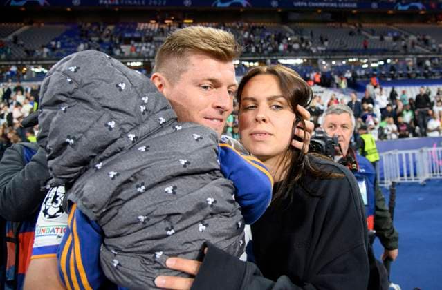 Toni KROOS Real with wife Jessica and baby, Football Champions League Final 2022, Liverpool FC LFC Real Madrid Real 0 1, on 28 05 2022 in Paris France Â