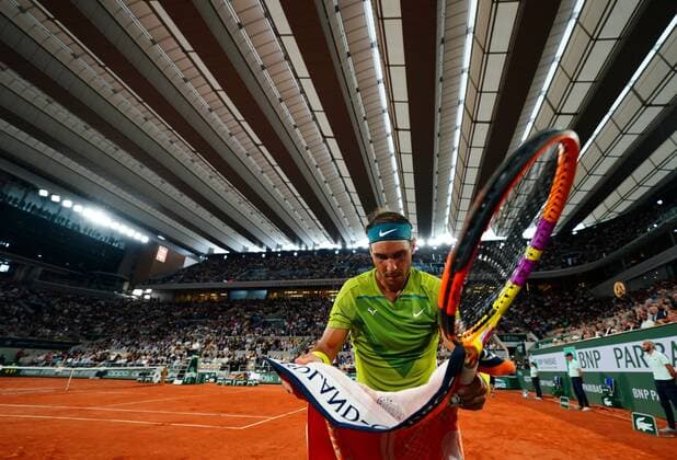 Mandatory Credit: Photo by Javier Garcia Shutterstock (12960013c) Rafael Nadal towels off under the closed roof of the Philippe Chatrier Court French Open Tennis, Day 13, Roland Garros, Paris, France - 03 Jun 2022 French Open Tennis, Day 13, Roland Garros, Paris, France - 03 Jun 2022  Copyright: xJavierxGarcia Shutterstockx 12960013c