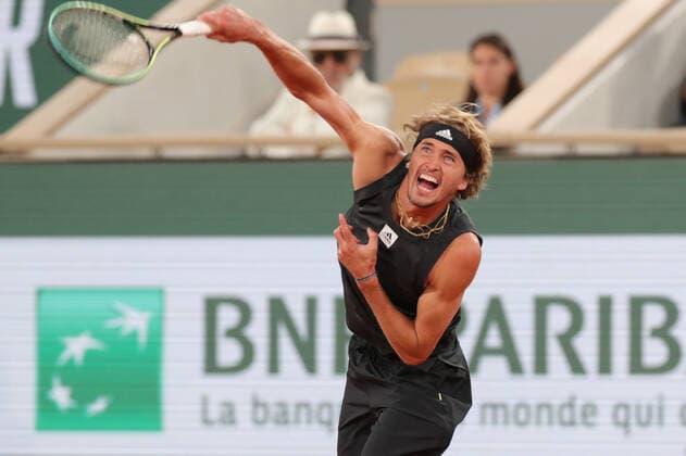 3rd June 2022; Roland Garros, Paris, France: French Open Tennis tournament, mens semi-final; Alexander Zverev (GER) serves to Rafael Nadal (ESP)  ActionPlus12396294 JonxBromley