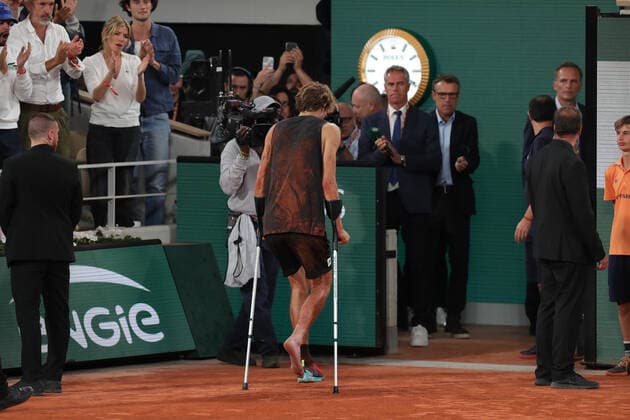 3rd June 2022; Roland Garros, Paris, France: French Open Tennis tournament, mens semi-final; Alexander Zverev (GER) takes a fall and leaves the court on crutches during the match against Rafael Nadal (ESP)  ActionPlus12396300 JonxBromley