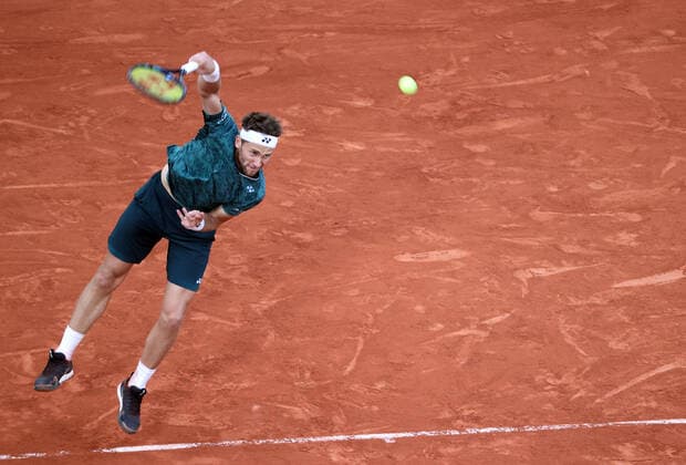 Norway s Casper Ruud returns the ball to Marin Cilic of Croatia during their semi-final match of the French Tennis Open at Roland Garros near Paris, France, on Friday, June 3, 2022. Ruud won 3-6, 6-4, 6-2, 6-2 and qualified for Sunday s final.  PAR20220603164 MAYAxVIDON-WHITE