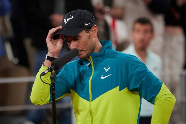 (220604) -- PARIS, June 4, 2022 -- Rafael Nadal reacts during the interview after the men s singles semifinal match between Alexander Zverev of Germany and Rafael Nadal of Spain at the French Open tennis tournament at Roland Garros in Paris, France, June 3, 2022. ) (SP)FRANCE-PARIS-TENNIS-ROLAND GARROS-FRENCH OPEN-MEN S SINGLES SEMIFINAL MengxDingbo 