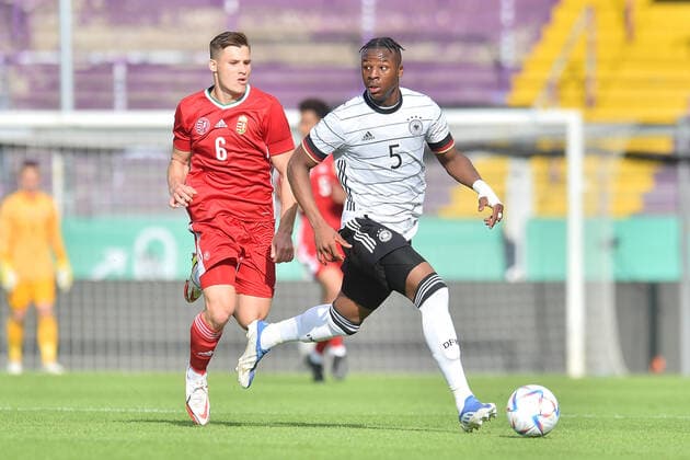 Soccer DFB U21 international match Germany Hungary on 03 06 2022 at the Bremer Brücke in Osnabrück Mihaly Kata Hungary in duel against Armel Bella Kotchap Germany VfL Bochum MT