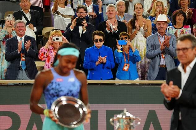 Mandatory Credit: Photo by Javier Garcia Shutterstock (12960014af) Billie Jean King, Bastien Schweinsteiger and Ana Ivanovic among the guests behind an emotional runner-up Coco Gauff French Open Tennis, Day 14, Roland Garros, Paris, France - 04 Jun 2022 French Open Tennis, Day 14, Roland Garros, Paris, France - 04 Jun 2022  Copyright: xJavierxGarcia Shutterstockx 12960014af