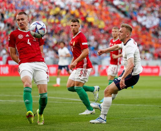 Fußball, Nations League, England - Ungarn Hungary v England UEFA Nations League Jarrod Bowen of England has a shot blocked by Atilla Szalai of Hungary during the UEFA Nations League match between England and Hungary at the Puskas Stadium, Budapest Content Not Available For UK Newspapers Copyright: xPaulxChestertonx FIL-16979-0058 UK Newspapers OUT