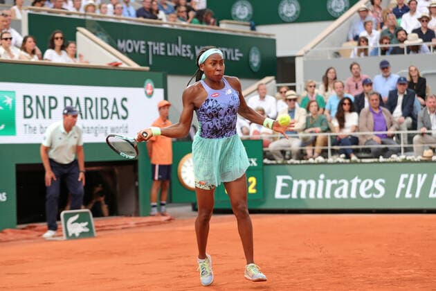4th June 2022; Roland Garros, Paris, France: French Open Tennis tournament, Womens Singles final; Coco Gauff (USA) plays a forehand back to Iga Swiatek (POL)  ActionPlus12396900 JonxBromley