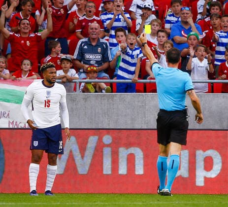 Hungary v England UEFA Nations League Reece James of England receives a yellow card from match referee Artur Dias after giving a penalty away for a foul on Zsolt Nagy of Hungary during the UEFA Nations League match between England and Hungary at the Puskas Stadium, Budapest Content Not Available For UK Newspapers Copyright: xPaulxChestertonx FIL-16979-0146 UK Newspapers OUT