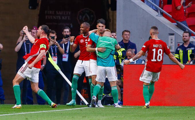 Hungary v England UEFA Nations League Adam Szalai of Hungary celebrates Dominik Szoboszlai?s of Hungary goal during the UEFA Nations League match between England and Hungary at the Puskas Stadium, Budapest Content Not Available For UK Newspapers Copyright: xPaulxChestertonx FIL-16979-0152 UK Newspapers OUT