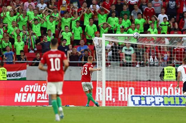 Budapest, Hungary, 4th June 2022. Andras Schafer of Hungary blasts over the bar with an open goal in front of him during the UEFA Nations League match at Puskas Arena, Budapest. Picture credit should read: David Klein Sportimage EDITORIAL USE ONLY. No use with unauthorised audio, video, data, fixture lists, club league logos or live services. Online in-match use limited to 120 images, no video emulation. No use in betting, games or single club league player publications. SPI-1726-0093