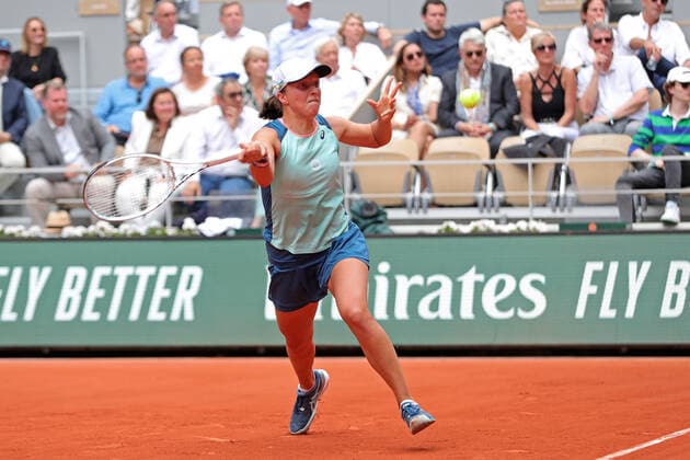 4th June 2022; Roland Garros, Paris, France: French Open Tennis tournament. Womens Singles Final; Iga Swiatek (POL) plays a forehand back to Coco Gauff (USA)  ActionPlus12396925 JonxBromley