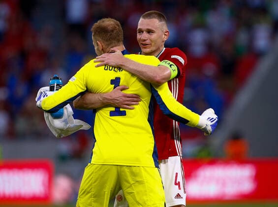 Hungary v England UEFA Nations League Peter Gulascsi of Hungary celebrates with Atilla Szalai of Hungary after the UEFA Nations League match between England and Hungary at the Puskas Stadium, Budapest Content Not Available For UK Newspapers Copyright: xPaulxChestertonx FIL-16979-0221 UK Newspapers OUT