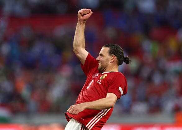 Budapest, Hungary, 4th June 2022. Adam Szalai of Hungary celebrates the win during the UEFA Nations League match at Puskas Arena, Budapest. Picture credit should read: David Klein Sportimage EDITORIAL USE ONLY. No use with unauthorised audio, video, data, fixture lists, club league logos or live services. Online in-match use limited to 120 images, no video emulation. No use in betting, games or single club league player publications. SPI-1726-0116