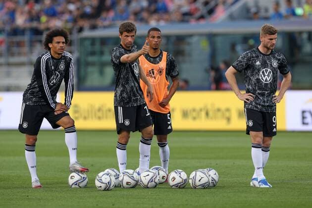 l r Leroy Sane 19 Germany , Thomas Mueller 13 Germany , Timo Werner 9 Germany at warm up, Italy vs Germany, UEFA, Nations League, Football, 04 06 2022 Bologna Emilia Romagna Italy Copyright: xkolbert-press ChristianxKolbertx