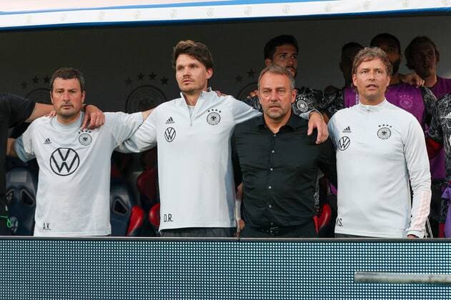 l r goalkeeper coach Andreas Kronenberg Germany , co coach Danny Roehl Germany , national coach Hansi Flick Germany , co coach Marcus Sorg Germany , Italy vs Germany, UEFA, Nations League, Football, 04 06 2022 Bologna Emilia Romagna Italy Copyright: xkolbert-press ChristianxKolbertx