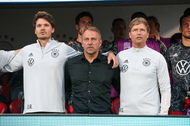 l r Co Coach Danny Roehl Germany , National Coach Hansi Flick Germany , Co Coach Marcus Sorg Germany , Italy vs Germany, UEFA, Nations League, Football, 04 06 2022 Bologna Emilia Romagna Italy Copyright: xkolbert-press ChristianxKolbertx