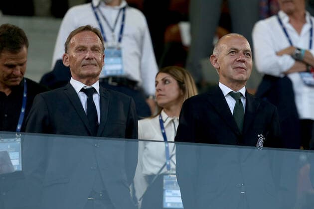04 06 2022, Bologna, Italy, Renato Dall Ara , Italy vs Germany UEFA Nations League Path A Group 2, Hans Joachim Watzke and DFB President Bernd Neuendorf Looking Photo H Langer Bologna Renato Dall Ara Emilia Romagna Italy  541_ITAGER20220604_013 Langer-541